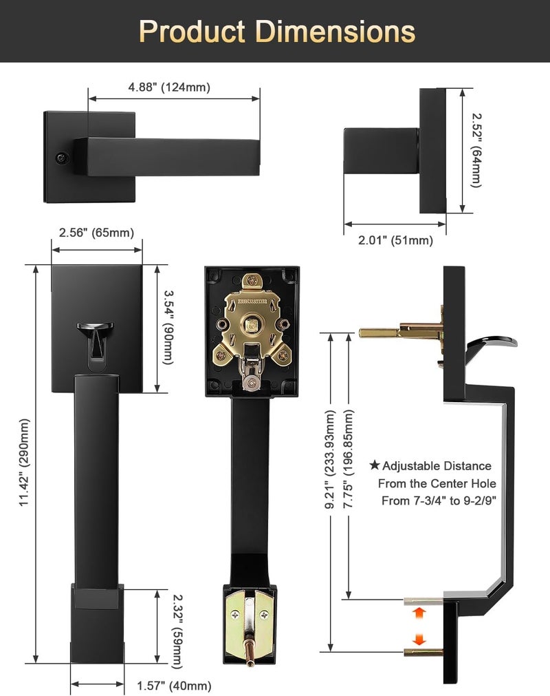 Tinewa Square Matte Black Front Door Handle with Classic Door Lever, Upgrated Exterior Door Entry Handle No Lock, Reversible for Left & Right Handed - Image 5